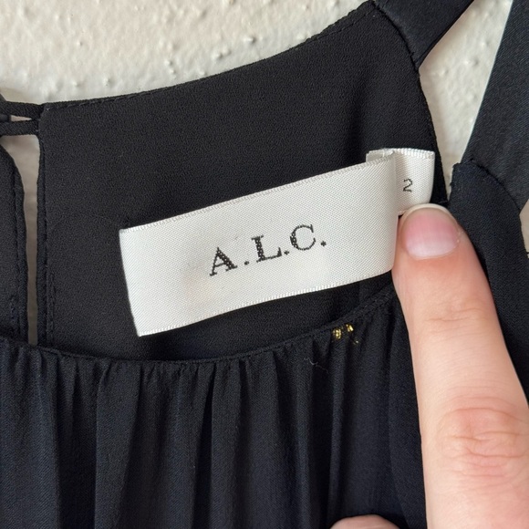 ALC Rosa Silk Black Gold‎ Metallic Halter Midi Length Dress 2 Asymmetric Ruffle - Picture 8 of 11